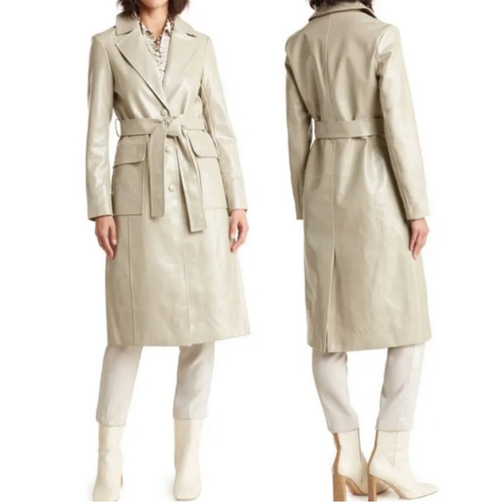 NWT Avec Les Filles soft Vegan leather Trench Coat Ivory /Cream